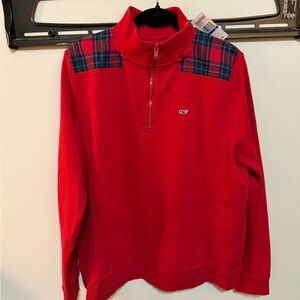 Vineyard Vines Red W/ Plaid Accent Jersey 1/4 Zip-Up Sweater